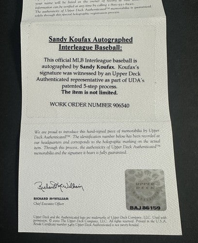 Sandy Koufax Dodgers Signed MLB Baseball UDA Upper Deck Authentic Gem Mint Auto