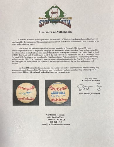 Reggie Jackson Signed Official AL Baseball Vintage Yankees Auto CBM COA HOF