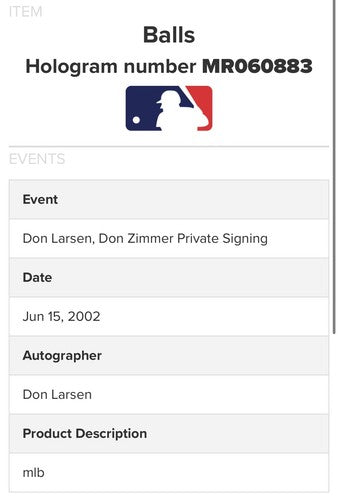 Don Larsen Signed Official MLB Baseball WS PG 10-8-56 Auto Steiner & MLB COA