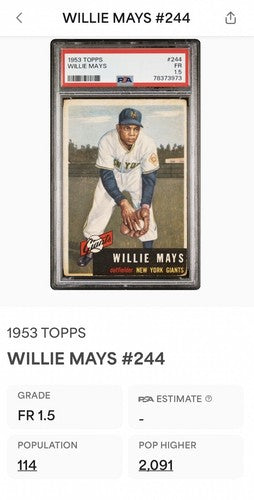 1953 Topps Willie Mays PSA 1.5 #244 Looks Nicer Hof New York Giants
