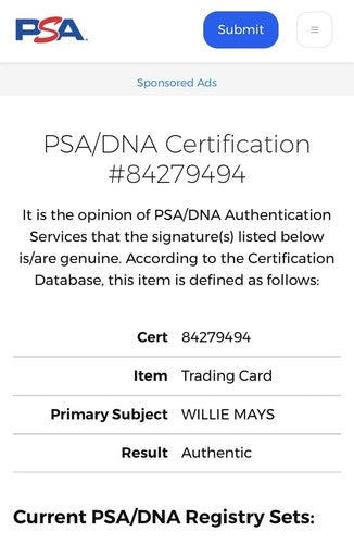 Willie Mays Signed 1996 Topps CERTIFIED Issue 1955 Bowman On Card Auto PSA Coa