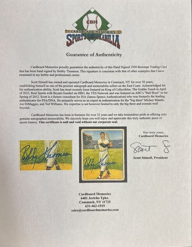 Bobby Thomson Hand Signed 1950 Bowman Mint Auto Giants Ebbets CBM COA