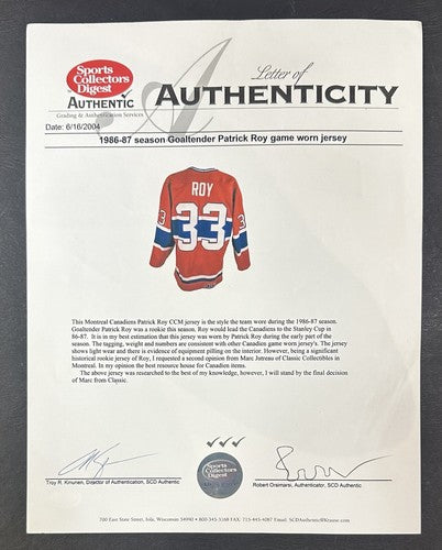 Patrick Roy Game Used 1986 Canadiens CCM Rookie Jersey Kinunen Scd Authentic