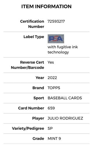 2022 Topps Series 2 #659 Julio Rodriguez SP PSA 9 Graded Mint RC Rookie Mariners