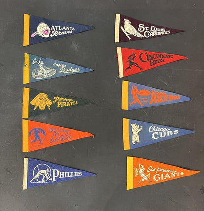Official 1965 MLB Baseball 10 Mini Pennant Set NL Mets Cubs Braves Vintage MINT