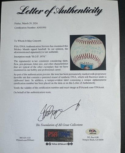 Mickey Mantle Signed Topps 1952 Rookie Ball Baseball Hof 1974 Auto Yankees Psa