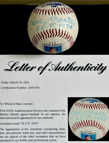Mickey Mantle Signed Topps 1952 Rookie Ball Baseball Hof 1974 Auto Yankees Psa