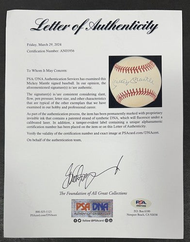 Mickey Mantle Signed Official AL Baseball NY Yankees Bold Auto PSA LOA HOF mvp