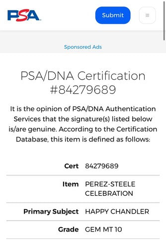 Happy Chandler Signed Perez-Steele Celebration Post Card PSA 10 Mint Auto HOF
