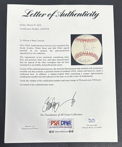 Sandy Koufax Nolan Ryan Bob Feller Signed NL Baseball No Hitter Auto PSA LOA HOF