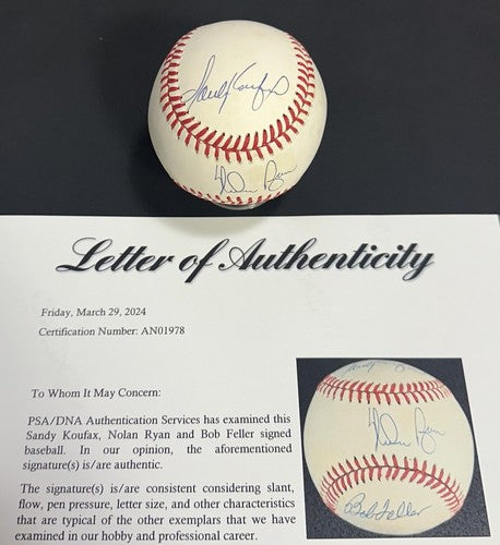 Sandy Koufax Nolan Ryan Bob Feller Signed NL Baseball No Hitter Auto PSA LOA HOF