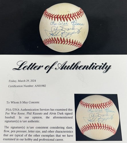 Pee Wee Reese Phil Rizzuto Al Dark Signed NL Baseball NY Shortstops Auto PSA HOF