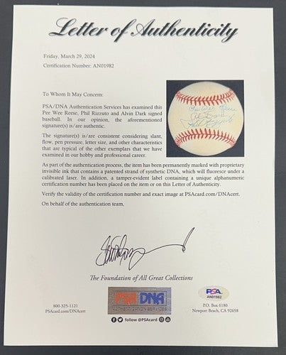 Pee Wee Reese Phil Rizzuto Al Dark Signed NL Baseball NY Shortstops Auto PSA HOF