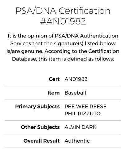 Pee Wee Reese Phil Rizzuto Al Dark Signed NL Baseball NY Shortstops Auto PSA HOF