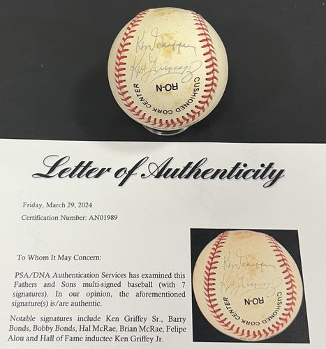 Ken Griffey Jr Barry Bonds Bobby McRae Signed NL Baseball Father Son Auto PSA