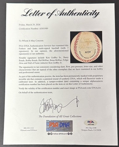 Ken Griffey Jr Barry Bonds Bobby McRae Signed NL Baseball Father Son Auto PSA