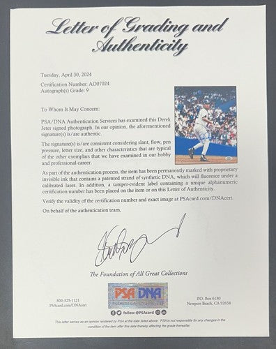 Derek Jeter Signed 8x10 Photo PSA 9 Mint Rookie 1995 Autograph Yankees LOA HOF