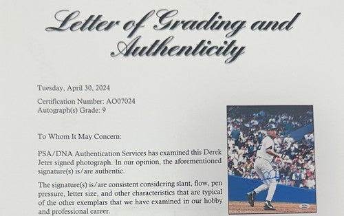 Derek Jeter Signed 8x10 Photo PSA 9 Mint Rookie 1995 Autograph Yankees LOA HOF