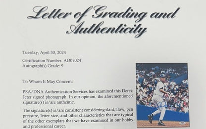 Derek Jeter Signed 8x10 Photo PSA 9 Mint Rookie 1995 Autograph Yankees LOA HOF