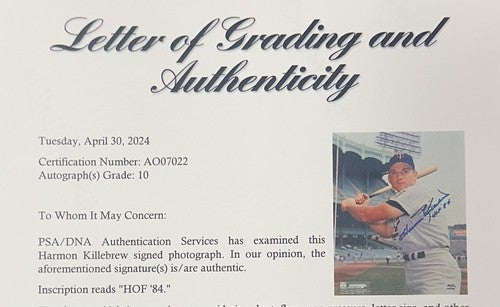 Harmon Killebrew Signed 8x10 Vintage Photo PSA 10 Gem Mint HOF 84 Auto Twins LOA