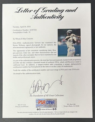 Bernie Williams Signed Yankees 8x10 Framed Photo PSA 10 Gem Mint Rookie Auto Loa