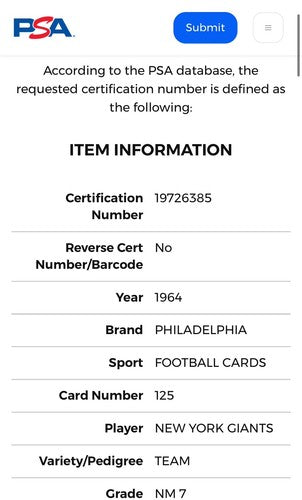 1964 Philadelphia #125 New York Giants Football Team Card Psa 7 NM Near Mint