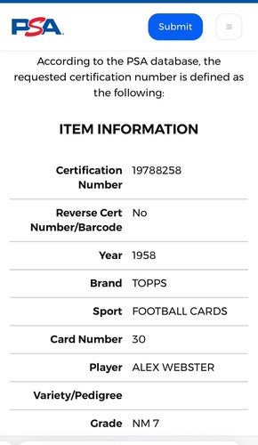 1958 Topps #30 Alex Webster NM Near Mint PSA 7 Card New York Giants NFL Champ