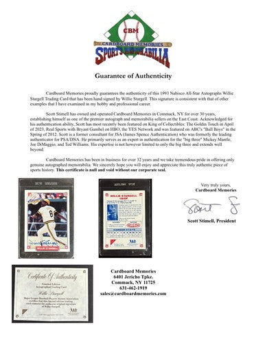 1993 Nabisco All-Star Willie Stargell Signed Card Mint Auto Mlb COA Pirates HOF