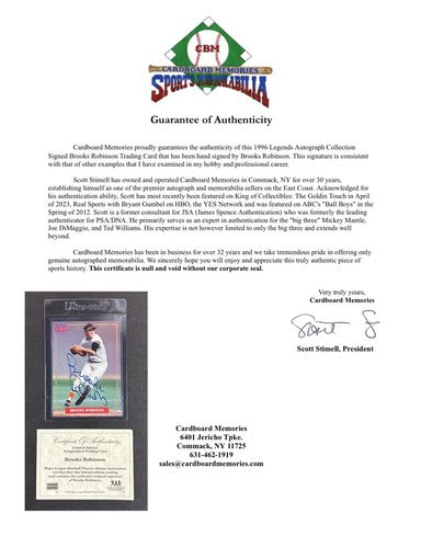 1996 Legends Collection Brooks Robinson Orioles Signed Card Mt Hof Auto Mlb Coa