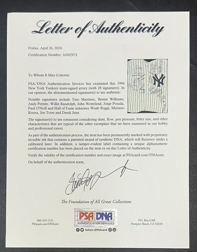 1996 Yankees WS Champs Team Signed Game Used Authentic Jersey 28 Auto Jeter PSA