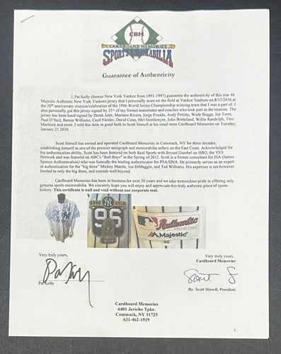 1996 Yankees WS Champs Team Signed Game Used Authentic Jersey 28 Auto Jeter PSA