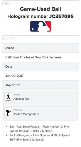 Jordan Montgomery Yankees Rookie 2017 Game Used MLB Baseball Fanatics Holo COA