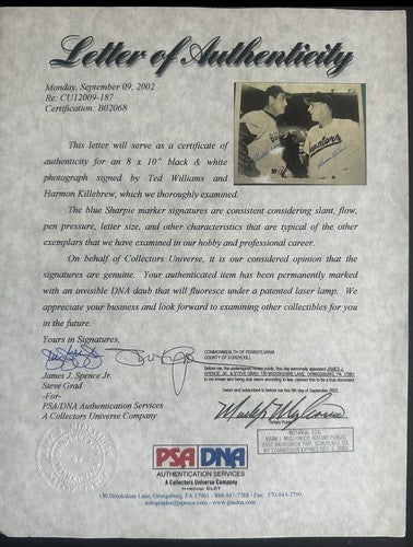 Ted Williams Harmon Killebrew Signed 8x10 Framed Photo Hof Auto Red Sox PSA LOA