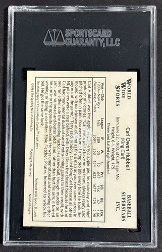 1988 World Wide Sports Carl Hubbell Signed SGC Certified On Card HOF Auto Giants