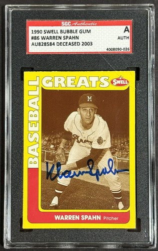 1990 Swell Bubble Gum Card #86 Warren Spahn Signed SGC Coa HOF Mint Auto Braves