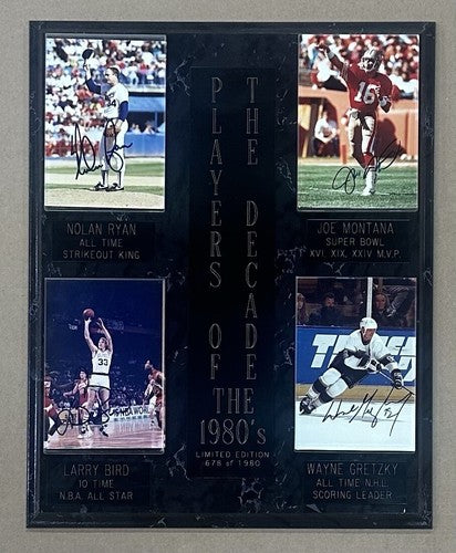 1980s Stars Signed 4x6 Framed Photo Plaque Gretzky Bird Ryan Montana LE Auto COA