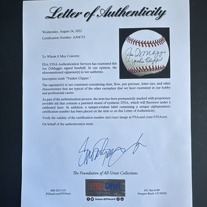 Joe DiMaggio Yankees Signed Photo Baseball Yankee Clipper MINT Auto Psa Coa Hof