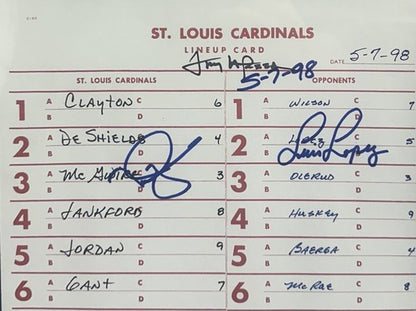 Mark McGwire Signed 1998 Official Lineup Card 13 Hr Framed Cardinals Auto Coa