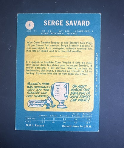 1969-70 O-Pee-Chee #4 Serge Savard Montreal Canadiens Rc  Opc Hof Rookie Ex Nice