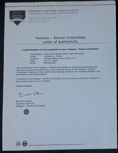 Derek Jeter Don Mattingly Signed 7/4/2005 Game Used 3rd Base Auto MLB Steiner