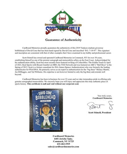 DAVID CONE Signed Yankees Perfect Game SGA Bobblehead Pg  7/18 Auto Bobble Coa