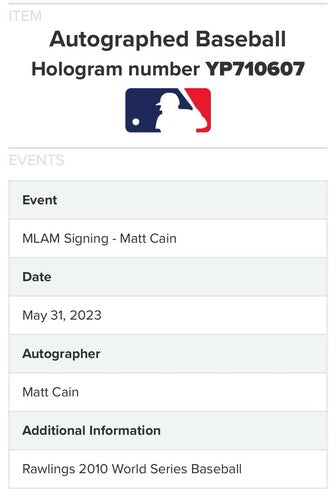 Matt Cain Giants Signed Official 2010 World Series Baseball Auto MLB Holo COA