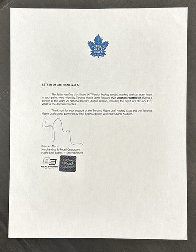 Auston Matthews 2020 Game Used Warrior Gloves Pair #34 Toronto Maple Leafs COA