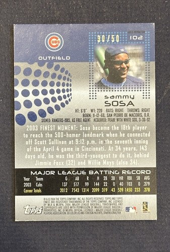2004 Sammy Sosa Topps Finest Gold Refractor Game Worn 2-Color Jersey /50 Cubs MT