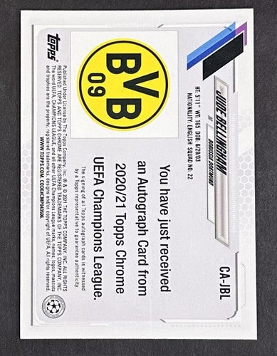 2021 Topps Chrome Jude Bellingham Rookie Card Auto Refractor RC Dortmund Madrid