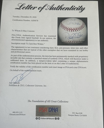 DEREK JETER Signed 2009 Inaugural Logo Baseball To Jack Best Wishes Auto Psa Coa