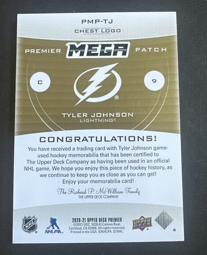 2020-21 UD Premier Mega Patch Chest Logos Tyler Johnson 20/23 Tampa Stanley Cup