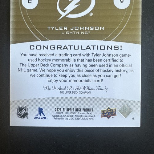 2020-21 UD Premier Mega Patch Chest Logos Tyler Johnson 20/23 Tampa Stanley Cup