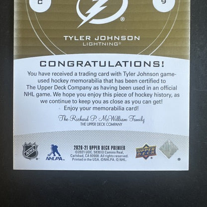 2020-21 UD Premier Mega Patch Chest Logos Tyler Johnson 20/23 Tampa Stanley Cup