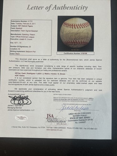 1971 Detroit Tigers Team Signed A.L Baseball Al Kaline Norm Cash 26 Auto Jsa Coa